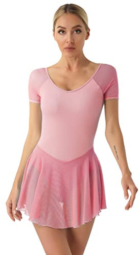 Freebily Damen Ballettkleider Langarm Rückenfrei Tanzkleid Ballett Trikot Tanzbody Sheer Mesh Rock Gymnastik Training Dancewear Rosa_B M