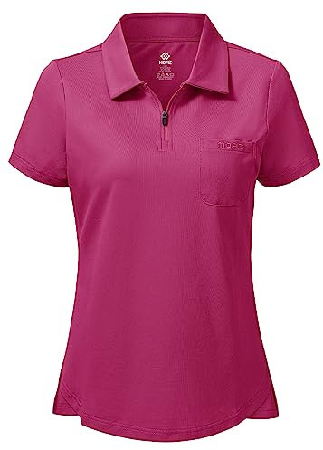 MoFiz Ladies Golf Polo Shirts Short Sleeve Cotton Tennis Work Golf Top Casual Sports T-Shirt with 1/4 Zipper Rose-red Size M