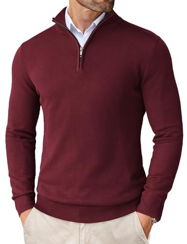 COOFANDY Pullover Herren Troyer Half Zip Rollkragenpullover Winterpullover mit Zip Kragen Strickpullover Slim Fit Rotwein 3XL