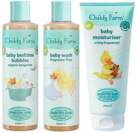 Childs Farm | Baby Regime Bundle | Baby Moisturiser 200ml, Baby Wash and Baby Bubbles 250ml | Suitable for Newborns with Dry, Sensitive and Eczema-prone Skin