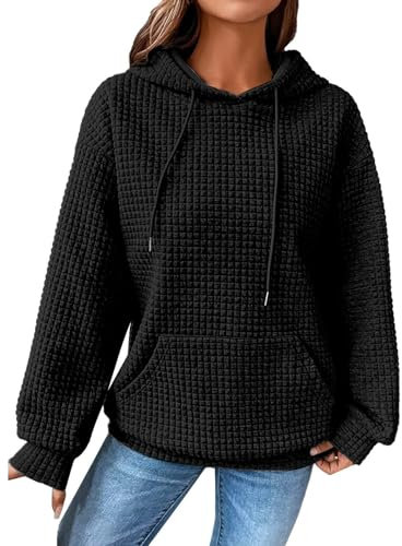 ABYOVRT Sweat à Capuche Femme Épais Hoodie 2025 Hiver Pull à Gaufre avec Poche élégant Sweat-Shirt Streetwear Manteau Sport Chemisier Fille Blouse,Noir,L