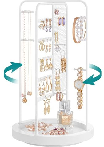 SONGMICS Schmuckständer, Schmuckhalter drehbar, 4 getrennte Bereiche, Metallrahmen, Schmuckaufbewahrung für Halsketten Armbänder Ohrringe Ohrstecker Ringe, Geschenkidee, weiß JJS023W01