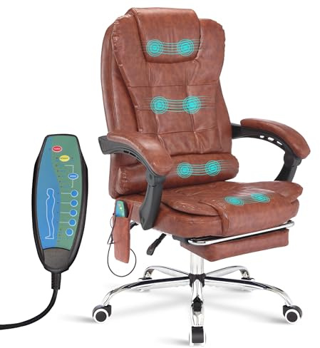 Massage Office chair for Home Office, Computer Desk Chairs Executive Office Chair with Footrest 135° Reclining Extra Padded Adjustable Height Heavy Duty 360° Tilt Function & Remote, Brown