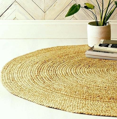 EcoKunst Jute Teppich Rund Wohnzimmer| Ø 80 cm| Modern Handgefertigt 100% Naturfaser Läufer | Boho Deco für Schlafzimmer, Küche, Outdoor, Flur - Beige, (EKR-J101)