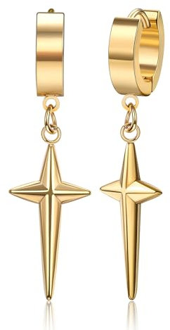 GTHIC Edelstahl Punk Kreuz Creolen für Männer Frauen Huggie Baumeln Ohrringe, Gold Ohrring