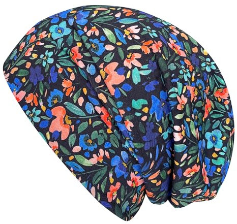 Wollhuhn ÖKO Jungen/Mädchen Bequeme Weiche Long Beanie/Mütze/Beanie-Mütze/Strickmütze/Kindermütze Jersey Gefüttert Übergangszeiten (Öko-Stoffe/Bio) (LB Blumen Schwarz/Bunt, L)
