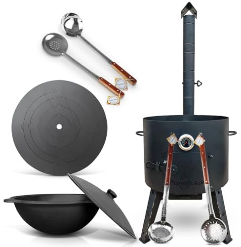 Feuerofen Ø 49cm Herdplatte Ø53cm Kazan Ø 52,7 cm runder Boden Thermometer Schornsteinverlängerung Schaumlöffel 64 cm x2,Holzlöffel,Schaumlöffel 48 cm,Schöpfkelle 48 cm,Holzspachtel (R22L-536)