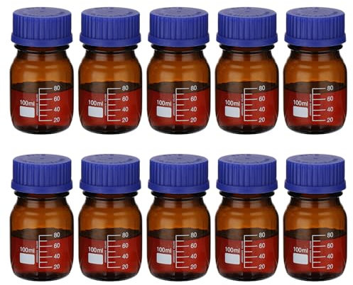PATIKIL 10 Pack Reagent Media Storage Bottles, 100ml Borosilicate Glass Graduated Round Bottles with GL32 Blue Screw Cap for Lab Water Reagent Liquids, Amber