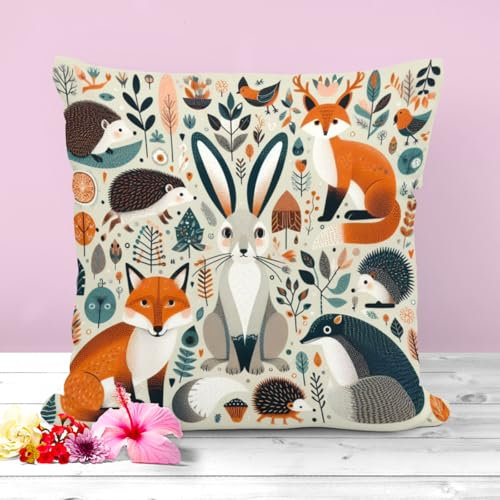Housse de coussin décorative sur le thème des animaux de la forêt | Lapin, Renard, Hérisson Décoration d'intérieur unique | Idée cadeau | 45 x 45 cm | Thème de la forêt