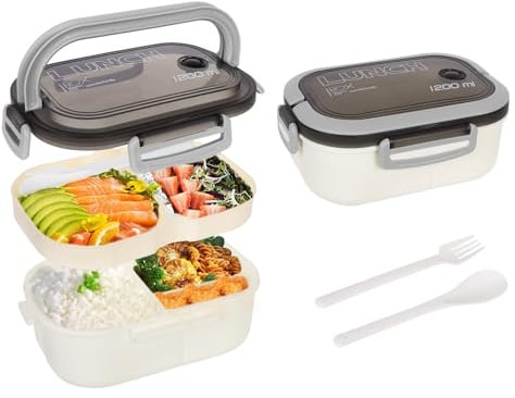 Figarge Lunchbox für Kinder und Erwachsene, Brotdose mit Fächern Bento Box,Auslaufsichere,Wasserdicht, BPA freie & Spülmaschinenfest Bentobox inklusive Löffel und Gabel Snackbox für Schule (Weiß)