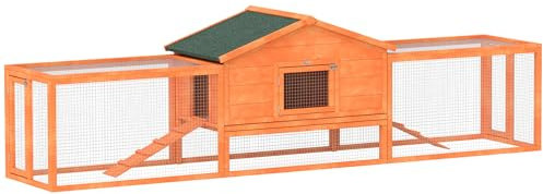 PawHut Outdoor-Kaninchenstall mit Haus und 2 Ställen, Kaninchen- und Kleintierkäfig mit Rampen, 309x69,5x87cm, Orange