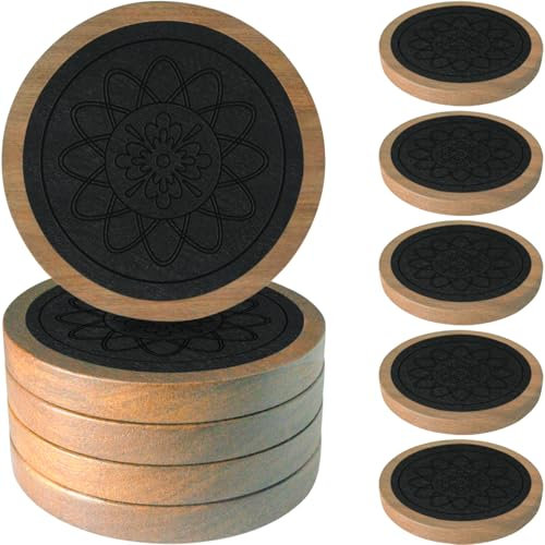 5 Pack Wood Coasters for Drinks, Minacun Absorbent Coaster Set, Drinks Coasters for Coffee Tabletop Protection, Non-Slip, Non-Stick, Suitable for Kinds of Cups Wooden Table Drink, 4.3 Inch Black