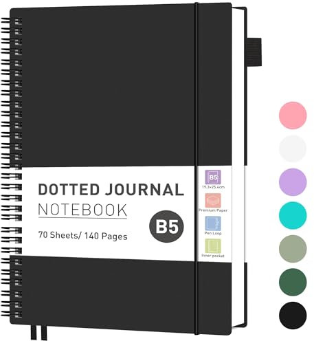 RETTACY Notizbuch B5 Gepunktetes, Bullet Dot Journal, Leichtgewicht Collegeblock, 70 Blatt / 140 Seiten Zum Schreiben, 100gsm, PVC Rinbuch, für Frauen Männer Arbeit Büro, 19.3x 25.4cm - Schwarz