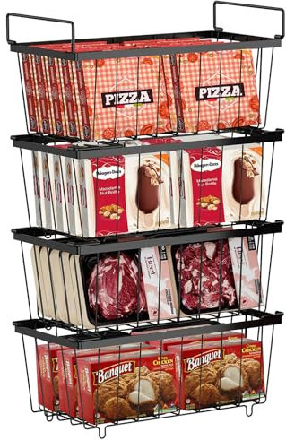 W&H 4 Cestas Para Congelador, Organizador Apilable Para Congelador, Cesta de Almacenamiento de Alambre Para Congelador, Con Asas, Fácil Acceso a Alimentos Congelados, Para Cocina, Hogar, Despensa