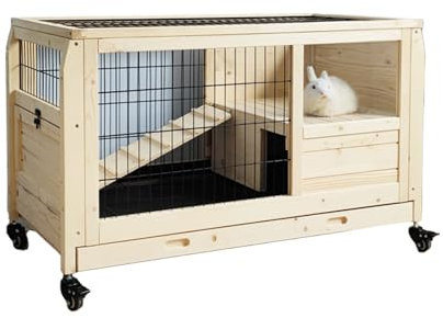 Freilaufgehege Kaninchen mit Dach for Den Innenbereich, Käfig Kaninchen 2 Etagen Leicht Zu Reinigendem, Kaninchenhaus aus Holz Auf Rädern for Kleine Tiere