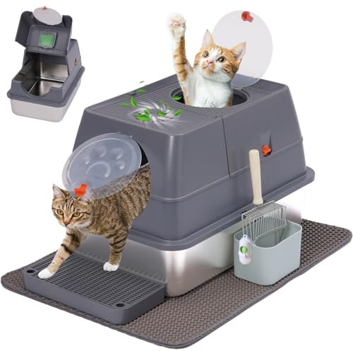 Lettiera Gatto Chiusa in Acciaio Inox XXL, Toilette Per Gatti, Vassoio con Paletta e Tappetino, Antiaderente, Bordo Alto, Per Gatti Grandi e Adulti, Facile da Pulire 60x40x40cm Grigio
