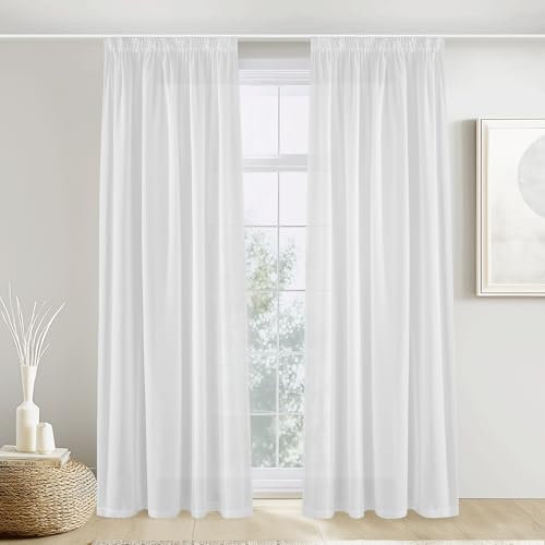 PONY DANCE Linen Curtains for Living Room Leinenvorhang mit Kräuselband Weiß 2er Set H 245 x B 140 cm Schlafzimmer Gardinen Leinen Halbtransparent Leinenoptik Vorhänge für Schienensystem