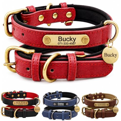 Personalised Leather Dog Collar with Engraved ID Name Plate, Adjustable Comfortable Fit for Small Medium and Large Dogs, Custom Puppy and Adult Dog Collar for Daily Walking