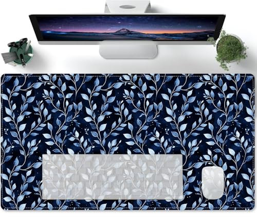 Mousemat Blue Plant Leaves Large on Top of Desk Keyboard Playmat, Extended Mouse Pad for Work & Game - 600x300mm