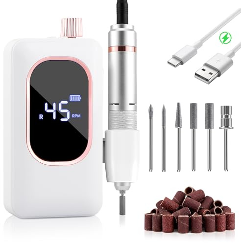 Electric Nail File, Nail Drill Pro Rechargeable 4000mAh with 8 Hour Runtime, 45000RPM Acrylic Nail Kit for Gel, E File Kit with 6 Bits, 7 Bands, LED Screen, Nail Drill Machine for Home Salon