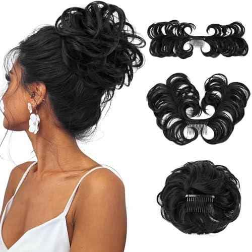 XFSRG Extensions Echthaar Haarteile mit Klammer Messy Hair Bun für Damen (Schwarz)