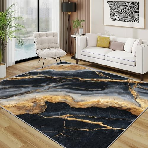 TerroVee Marmor Teppich Wohnzimmer 160x230 cm, Modern Luxus Abstrakt Kunst Teppiche, Schwarz Gold Waschbar Kurzflor Groß Teppiche Für Schlafzimmer Kinderzimmer, Schwarz Gold