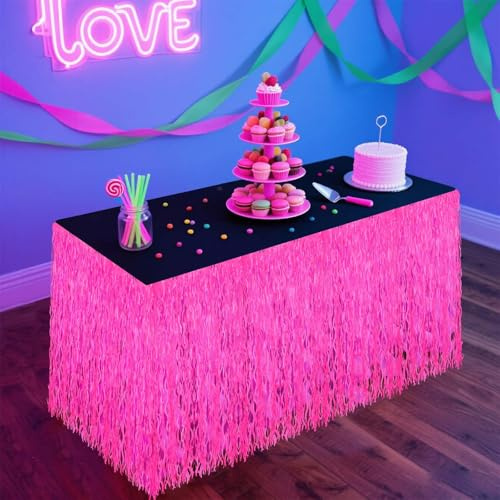 2pz Gonne per Tavolo con Frange, Durevoli PET Gonne Scrivania Pizzi Classiche Accessori Feste Fluorescenti per Feste Compleanni Matrimoni Banchetti (Fucsia Fluorescente)