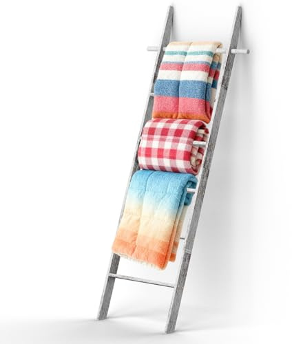 chilinii Farmhouse 6 Ft (70 inch) Wooden Blanket Ladder Living Room with Removable Hooks, 6-Tier Blanket Rack Decorative Stand, Leaning Towel Quilt Rack Holder for Bathroom Decor Rustic White