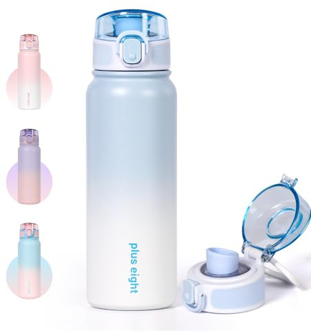pluseight Stainless Steel Water Bottle 600ml（20oz） Insulated Water Bottle, Double Wall Stainless Steel Vacuum Bottle for Sports, Gym or Office (Blue White)