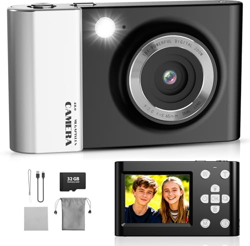 Digitalkamera 4K 64MP FHD Fotokamera für Kinder, 18X Digitalzoom Kompaktkamera mit 2,4-Zoll-Bildschirm, Anti-Verwacklung, LED-Blitz, 32GB SD Karte, Fotoapparat für Kinder Jugendliche Anfänger, Schwarz