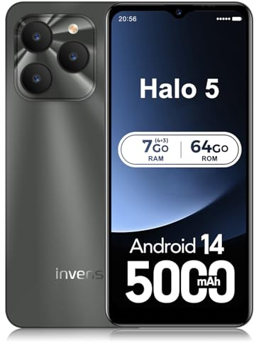 invens Halo5 Smartphone Android Pas Cher, Téléphone Portable Sans Forfait, Grand Écran 6,52 HD+, 16MP+8MP Telephone Portable Batterie 5000mAh, 7(4+3) Go RAM 64 Go(TF 256 Go)ROM, Daul SIM/OTG/FACE ID