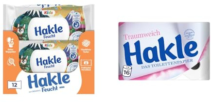 Hakle Feucht Kids, 12 Packungen + Hakle Traumweich, 16 Rollen | 12 x 42 Blatt Feuchtes Toilettenpapier und Toilettenpapier Sanfte Reinigung für Wohlbefinden