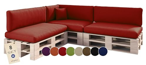 sunnypillow Palettenkissen für Palettenmöbel - 8er Set - Palettenauflage für Palettensofa für Haus Garten - Palettenpolster mit abnehmbarem Bezug für Europaletten - Rückenkissen & Sitzkissen Rot