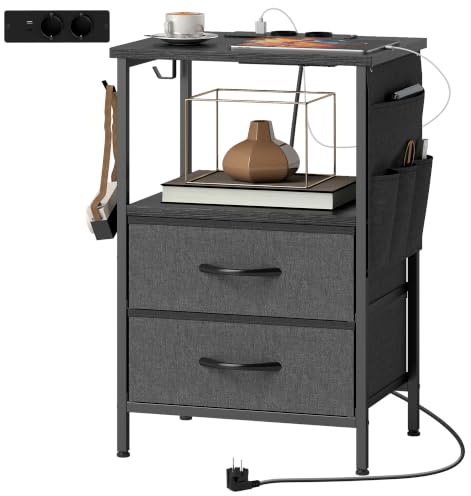 HOMCOM Couchtisch Beistelltisch mit Ladestation Stahlrahmen Schwarz | Schlanker Wohnzimmertisch mit USB-C-Anschlüssen, 2 Stoffschubladen, Haken, Aufbewahrungstasche, Kaffeetisch für Wohnzimmer