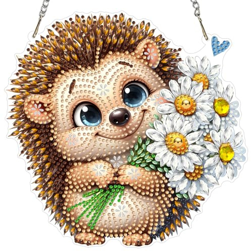 MXJSUA Igel Blumen Diamond Painting Anhänger Erwachsene, Diamantmalerei-Fensterbilder Doppelseitig, Diamond Painting Türschild zum Aufhängen für Wand Und Eingang Decor Geschenk 20x20cm