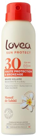 LOVEA - Brume FPS 30 Haute Protection Solaire UVA-UVB & Bronzage - Monoï de Tahiti - Visage & Corps - Résistante à l'eau - Fini Invisible - Testé Dermatologiquement - Fabriqué en France - 150ml