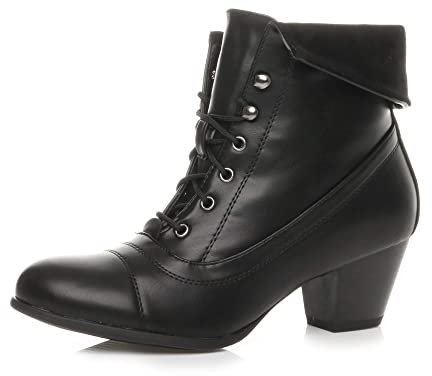 Ajvani Womens Ladies mid Heel lace up Vintage Fur Cuff Pixie Ankle Boots, Black Matte, 4 UK