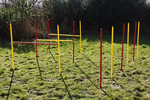 Wuzzmann Agility-Set für Hunde - Rot/Gelb - Übungs-Hürden/Slalom-Stangen-Set - Ohne Werkzeug auf/abzubauen - Kräftige Erdnägel für sicheren Stand