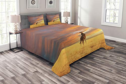 ABAKUHAUS Giraffe Tagesdecke Set, African Wildlife, Set mit Kissenbezügen luftdurchlässig, für Doppelbetten 264 x 220 cm, Gelb Pfirsich
