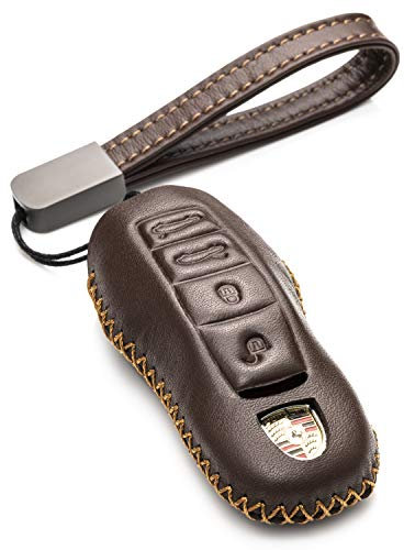 Vitodeco Étui à clé en cuir véritable avec porte-clés en cuir pour Porsche 718, Porsche 911, Porsche Panamera, Porsche Cayenne (4-bouttons)