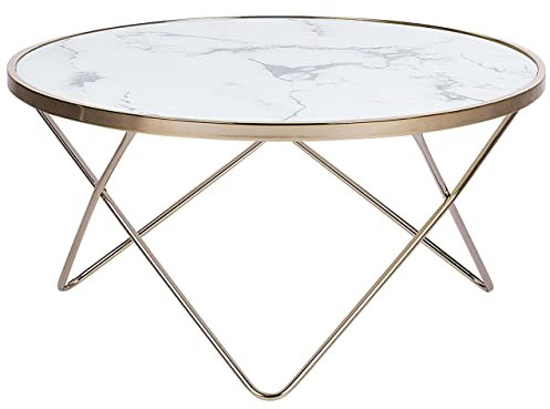Beliani Mesa de Centro Tablero de Cristal Templado con Efecto mármol Blanco Patas de Horquilla de Metal Dorado Forma Redonda Meridian II
