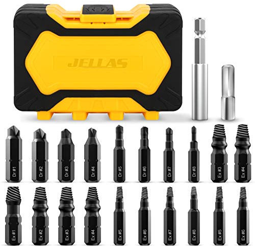 Jellas 22Pcs Damaged Screw Extractor Set, Easy Out Stripped Screw Remover for Broken Screw 2-12mm, Titanium Antirust Coating, 64-65 HRC Hardness, Burnish & Extract Bits Separatly