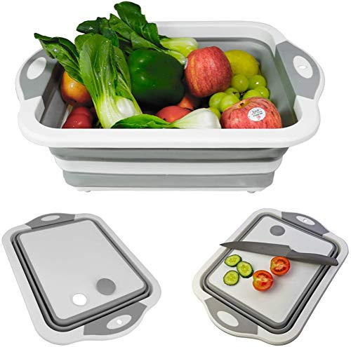 Collapsible Cutting Board Drain Basket, Portable Multi-Function Folding Chopping Board Vegetable Fruits Drain Basin, for Kitchen Washing Veggies Fruits and Outdoor Camping Picnic BBQ (White)
