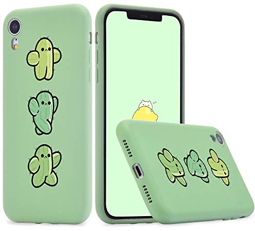 Idocolors For iPhone SE 2020/7 / 8 Cases Green Kawaii Cactus Pattern Design, Liquid Silicone with Soft Microfiber Cloth Lining Cushion Mobile Phone Case, Slim Bumper Soft Gel Rubber Cover
