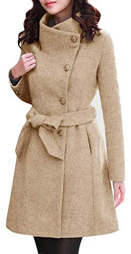 Onsoyours Khaki Taschen Mit Bindegürtel Einreihig Langarm Elegant Winter Mantel Trenchcoat Wollmantel Damen XS