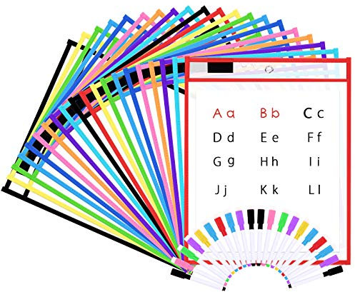 20 Pack Dry Erase Pockets, Opret Fundas Fichas de Papel de Gran Tamaño 25.5x33 cm / A4 con Bolígrafos, 10 Colores Diferentes, para la Organización en el Aula y Colegio, Guardería, Ludoteca