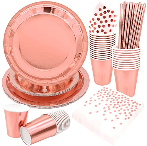 Cisolen 96 Stück Rosegold Partygeschirr Set Wiederverwendbar Partyteller Geburtstag Papier Geschirr Set Enthält Papier Geschirr Pappbecher Serviette Strohhalme für Hochzeit Geburtstag (24 Gäste)