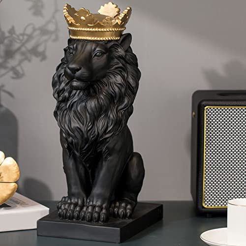 LC LCdecohome Löwenstatue, Outdoor-Sammelfiguren, Goldkrone, schwarzer stehender Löwe, Heimdekoration für Schreibtischdekorationen für Zuhause, schwarzes Dekor, Geschenk für Mann, Löwenstatuen, 21,6 x