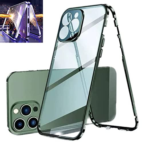 Magnetic Tempered Glass Double-Sided Phone Case for iPhone 14 Pro Max Plus,Shockproof Metal Frame 360°All-Round Protection,Ultra-Thin Double Sided Buckle Clear Cover,Anti-Fall. (14Pro, Green)