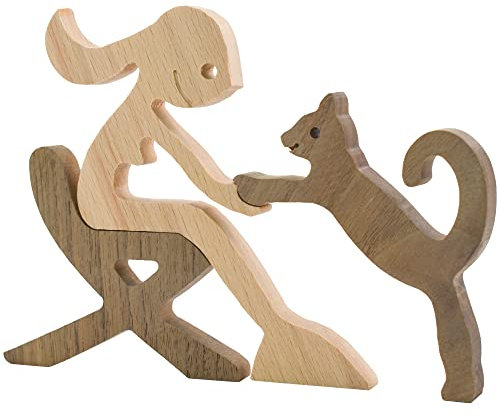 Enkrio Wooden Cat Figurines Hand Carved Wood Cat Human Sculpture Statue Handmade Accents Crafts Wooden Adorn Standing Tabletop Decoration Ornament for Home Decor